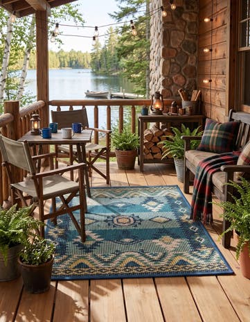 Blue and Green Easy-Clean Baja Indoor / Outdoor Rug