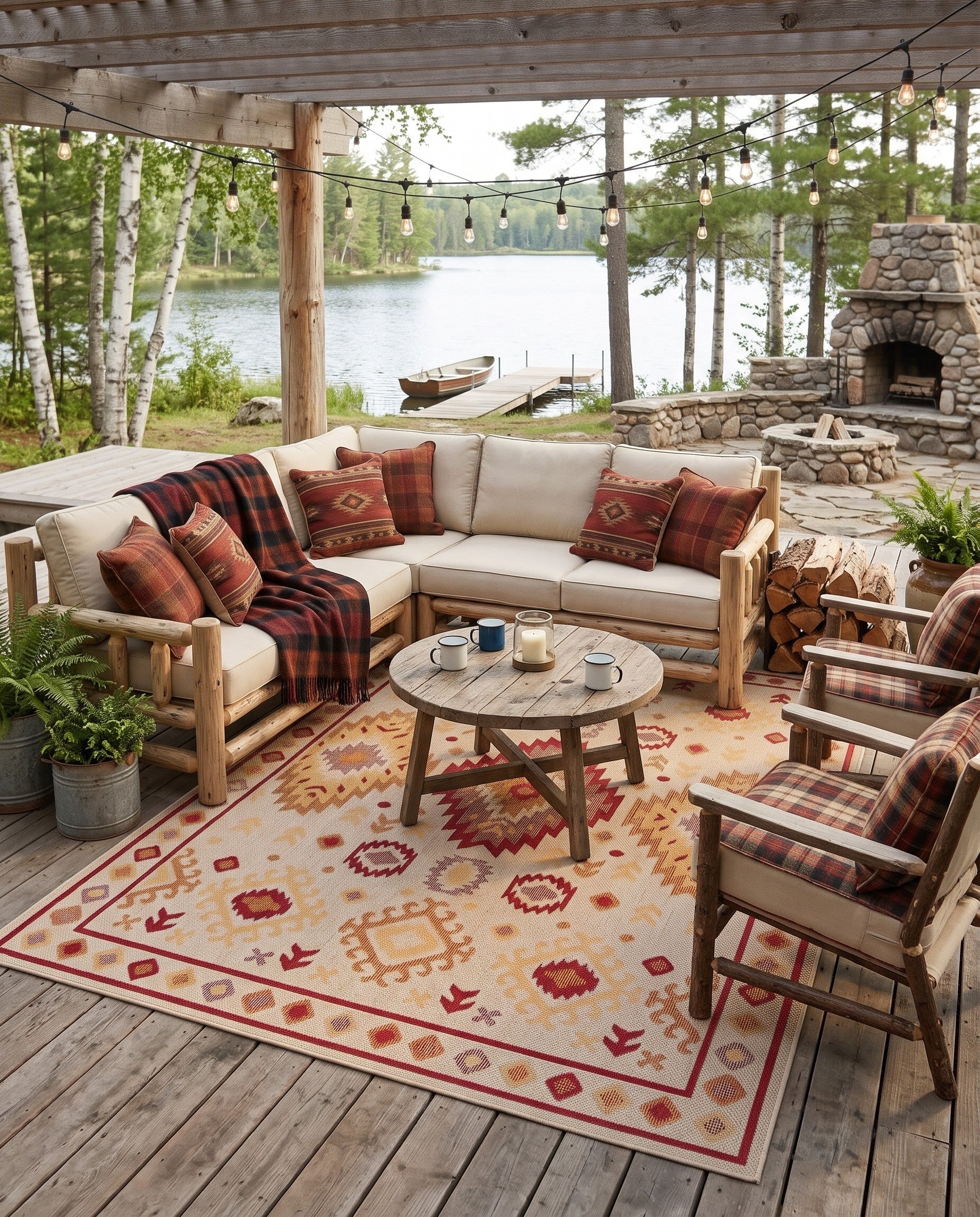 Beige and Rust Red Easy-Clean Baja Indoor / Outdoor Rug