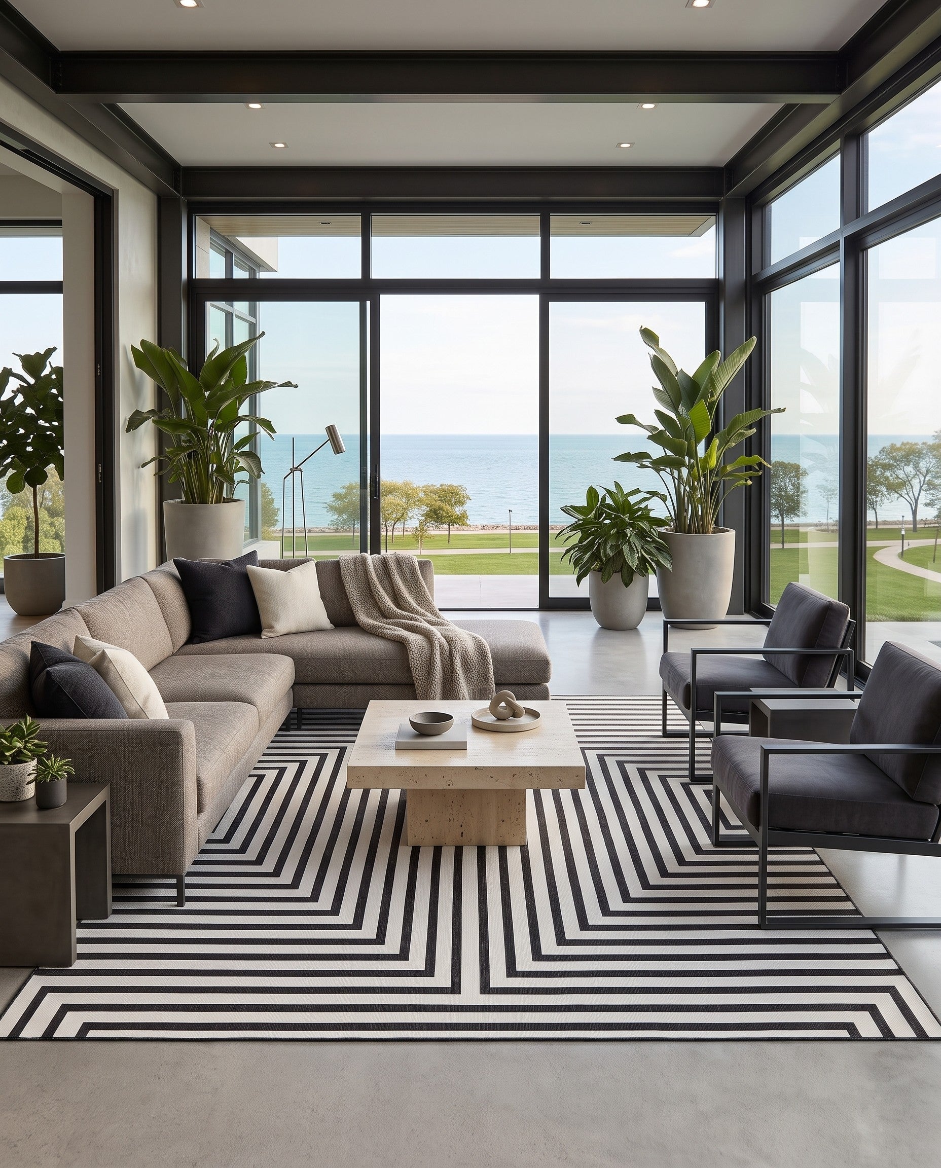Black and White Easy-Clean Modern Indoor / Outdoor Square Rug