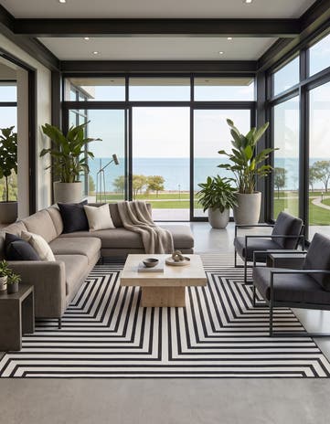 Black and White Easy-Clean Modern Indoor / Outdoor Square Rug