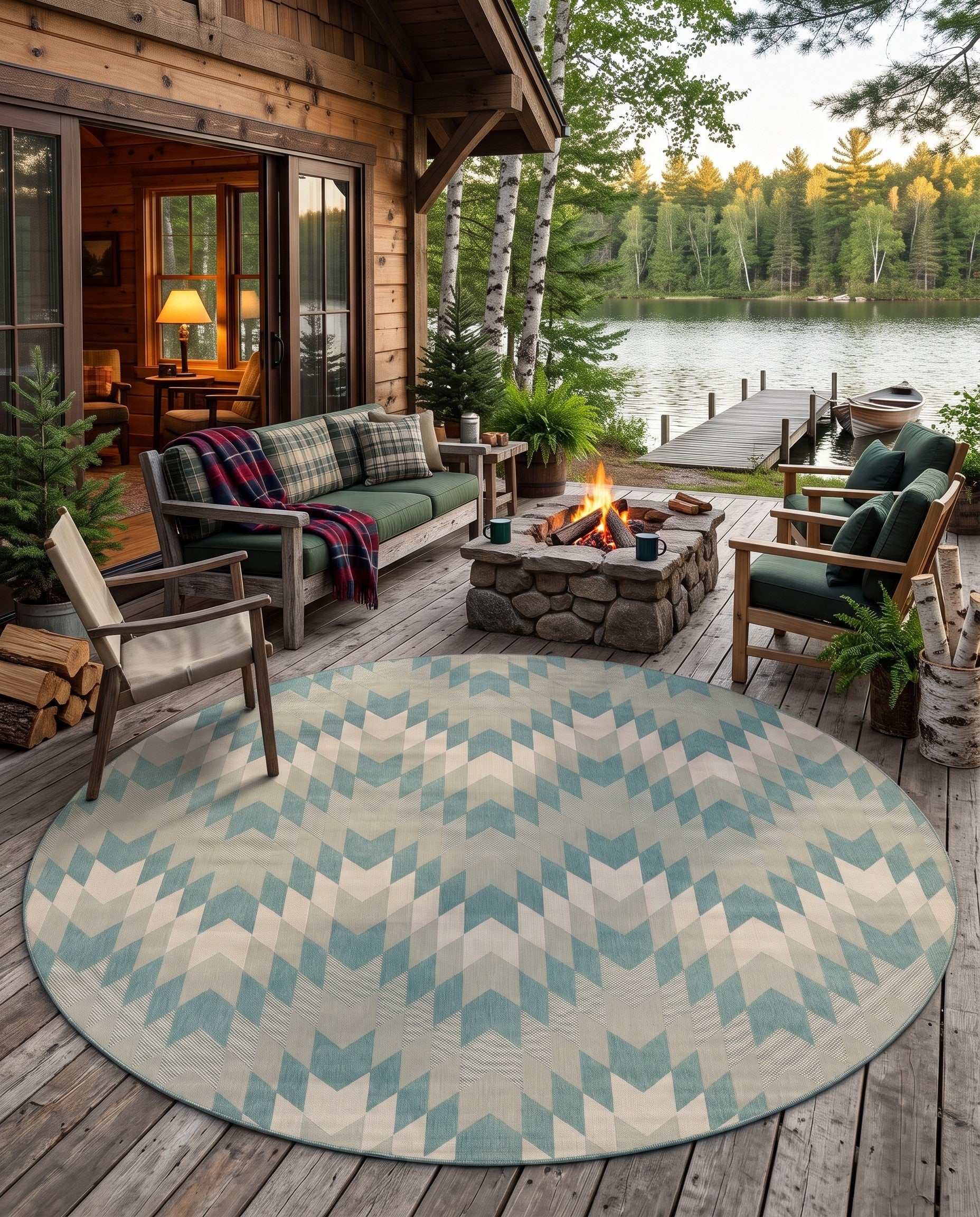 Aqua Blue Easy-Clean Modern Indoor / Outdoor Round Rug