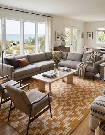 Gold and Ivory Hand Woven Kilim Wool Rug