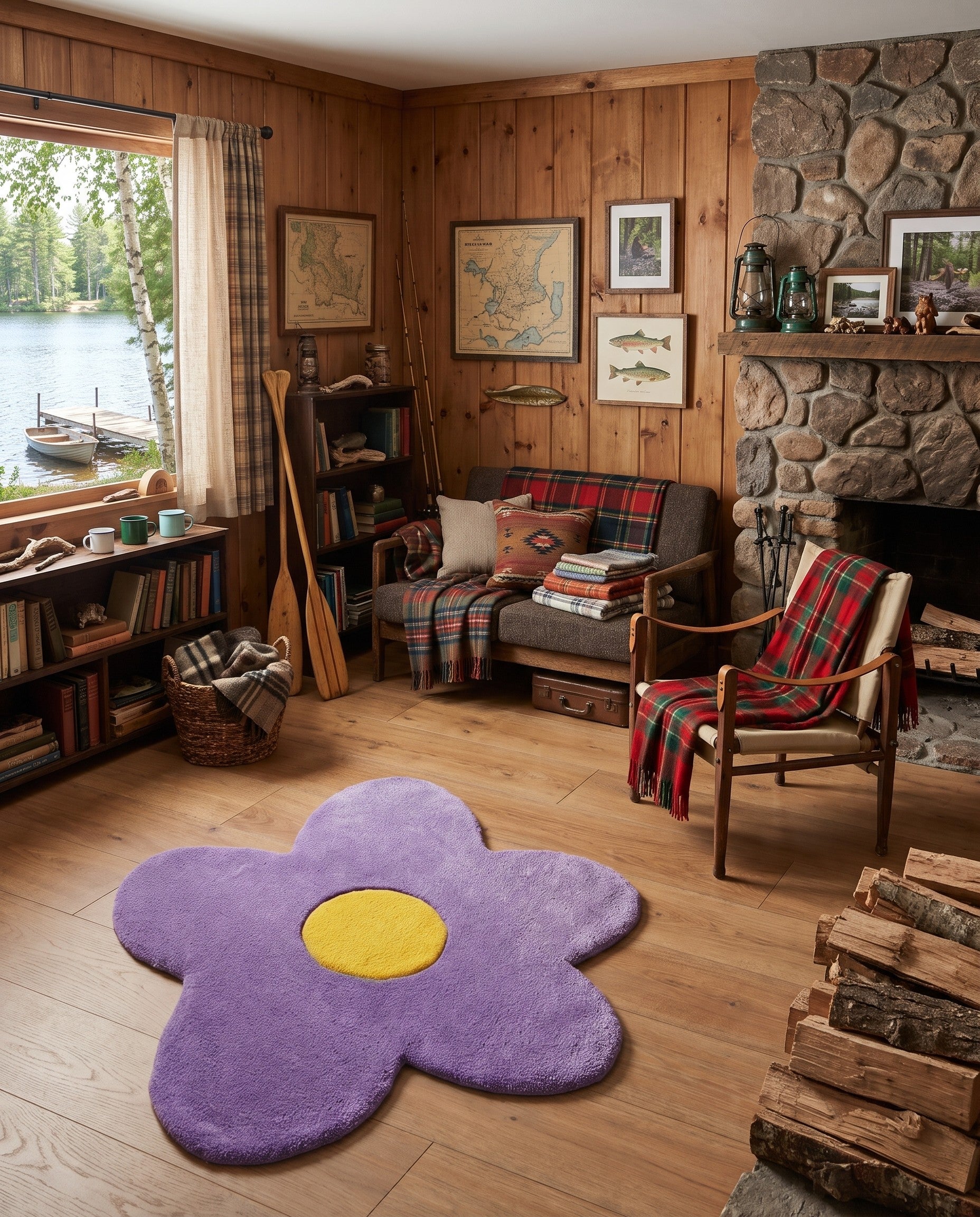 Purple Happy Rugs Funky Flower Wool Round