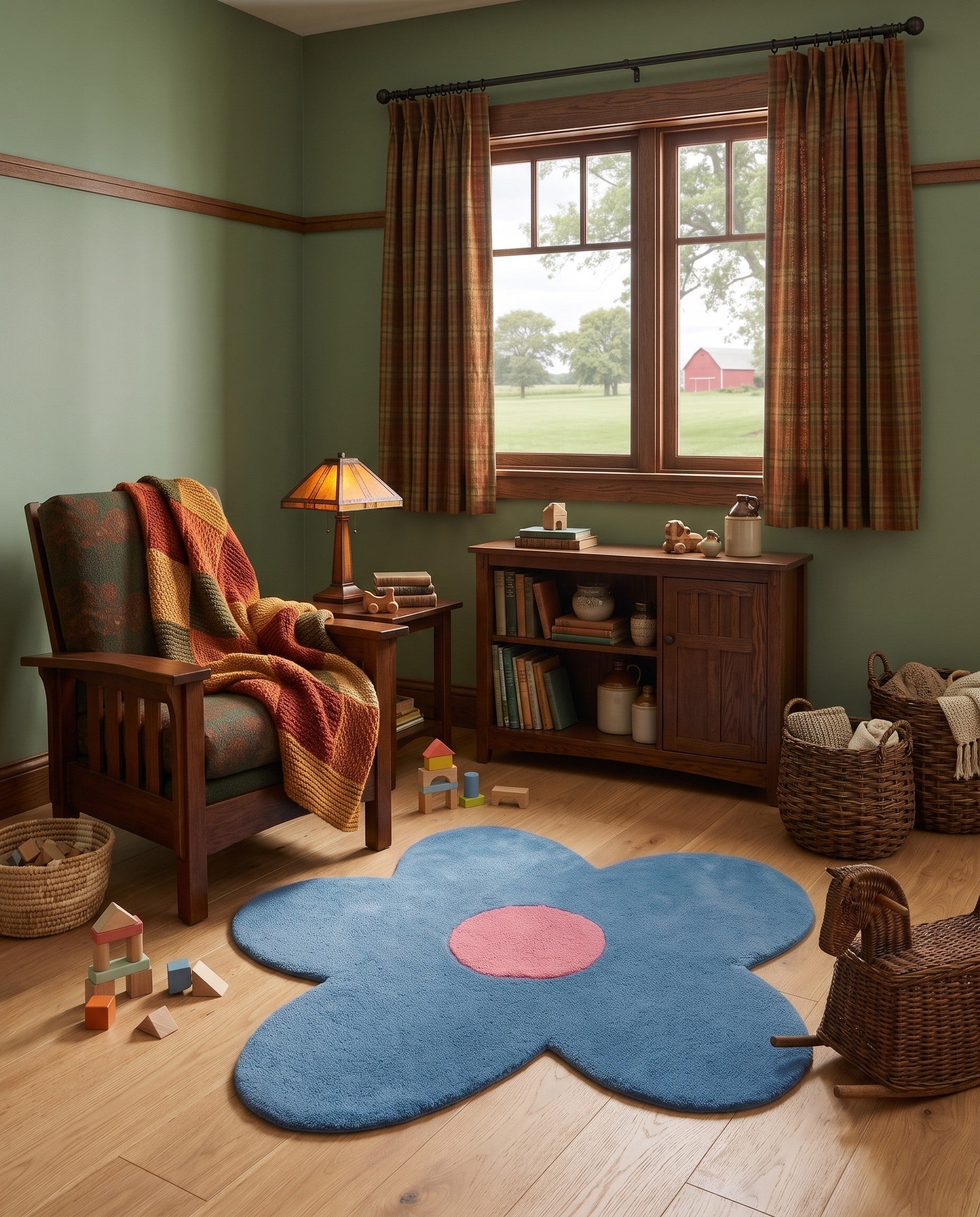 Royal Blue Happy Rugs Funky Flower Wool Round
