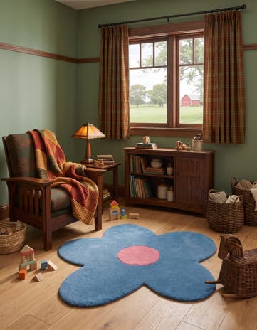 Royal Blue Happy Rugs Funky Flower Wool Round