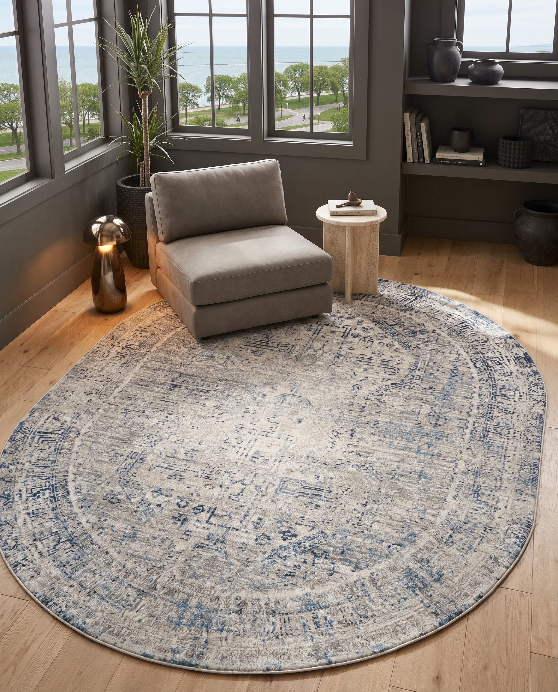 Ivory and Blue Finsbury Oval Rug