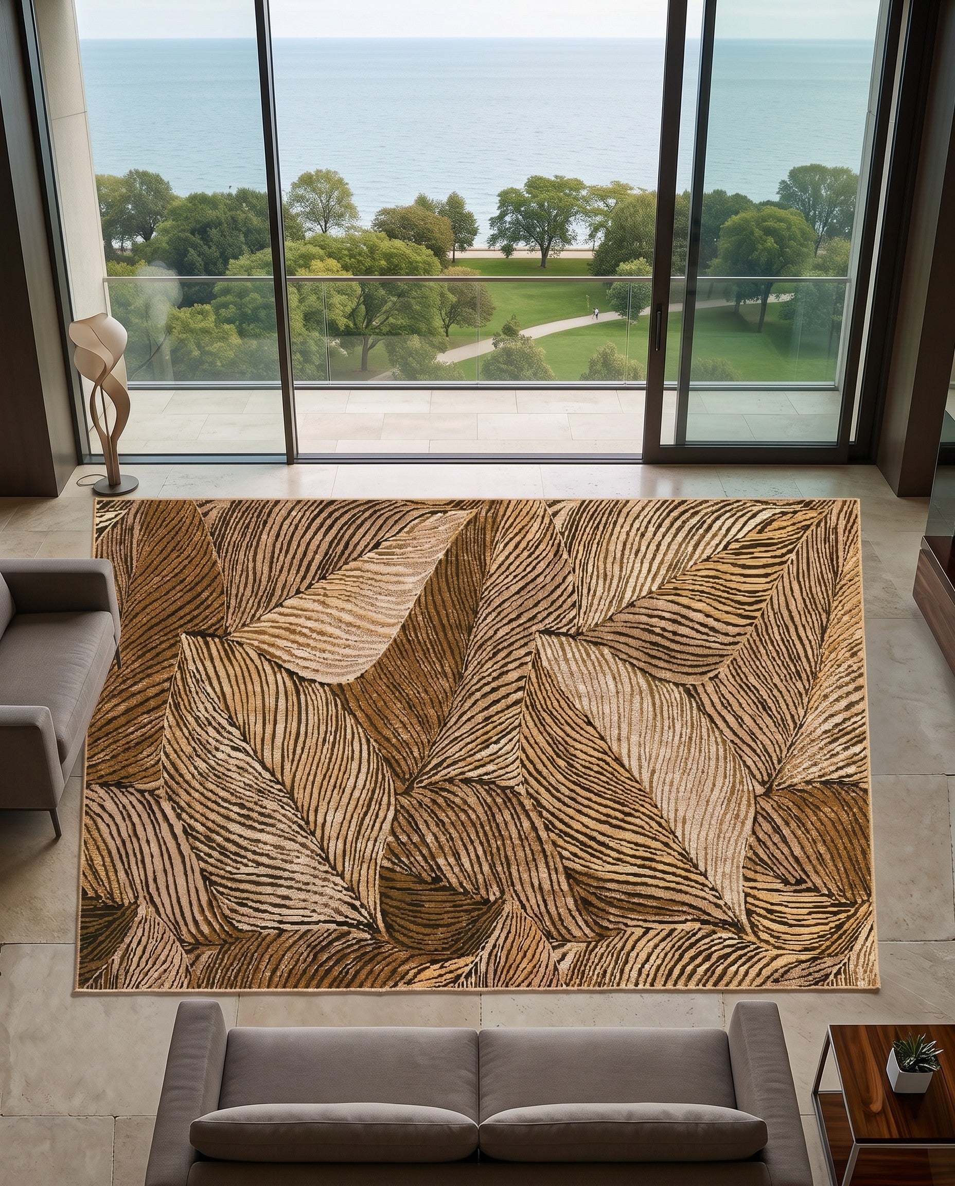 Beige and Brown Easy-Clean Botanical Indoor / Outdoor Square Rug