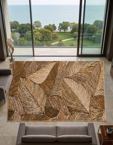 Beige and Brown Easy-Clean Botanical Indoor / Outdoor Square Rug
