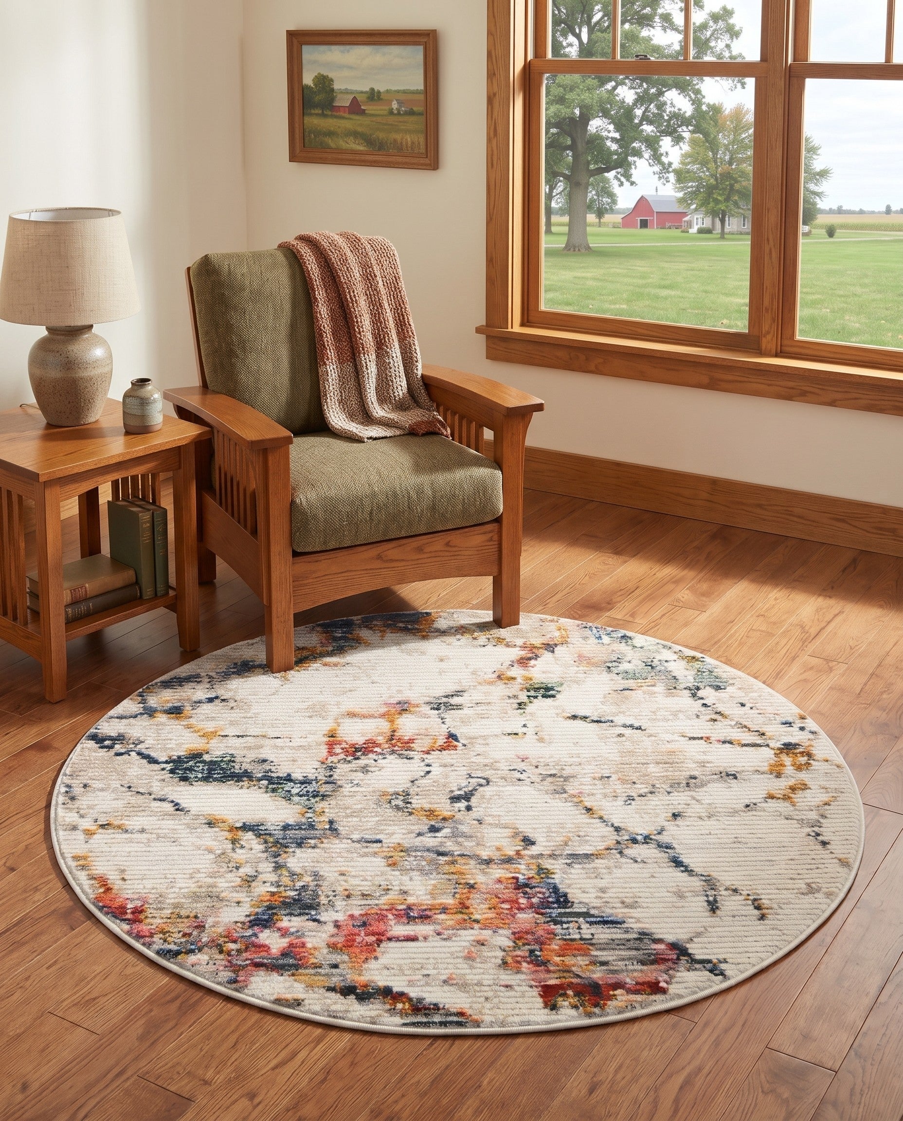 Navy Blue and White Gemstone Round Rug