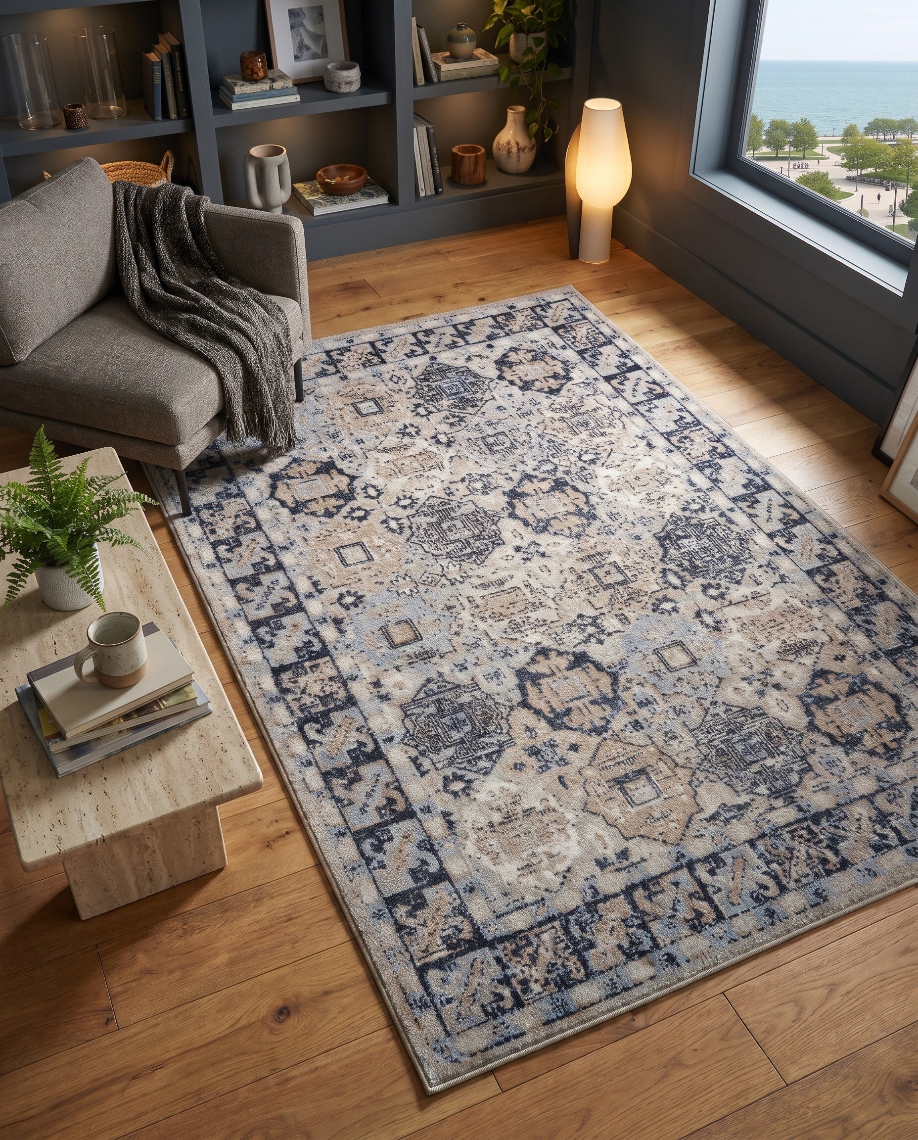 Ivory Gray Blue Kamala Washable Rug