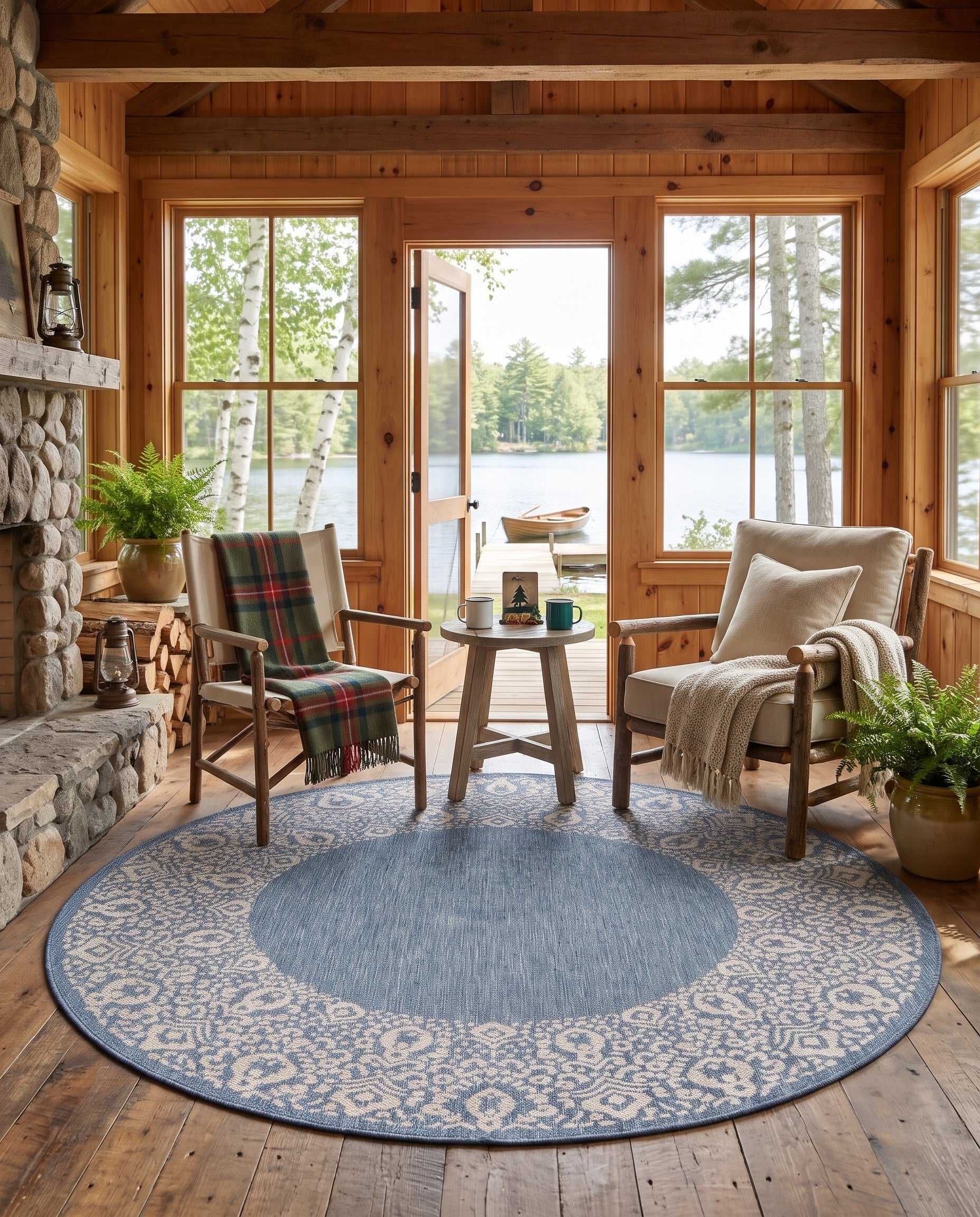 Blue Easy-Clean Border Indoor / Outdoor Round Rug