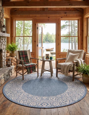 Blue Easy-Clean Border Indoor / Outdoor Round Rug