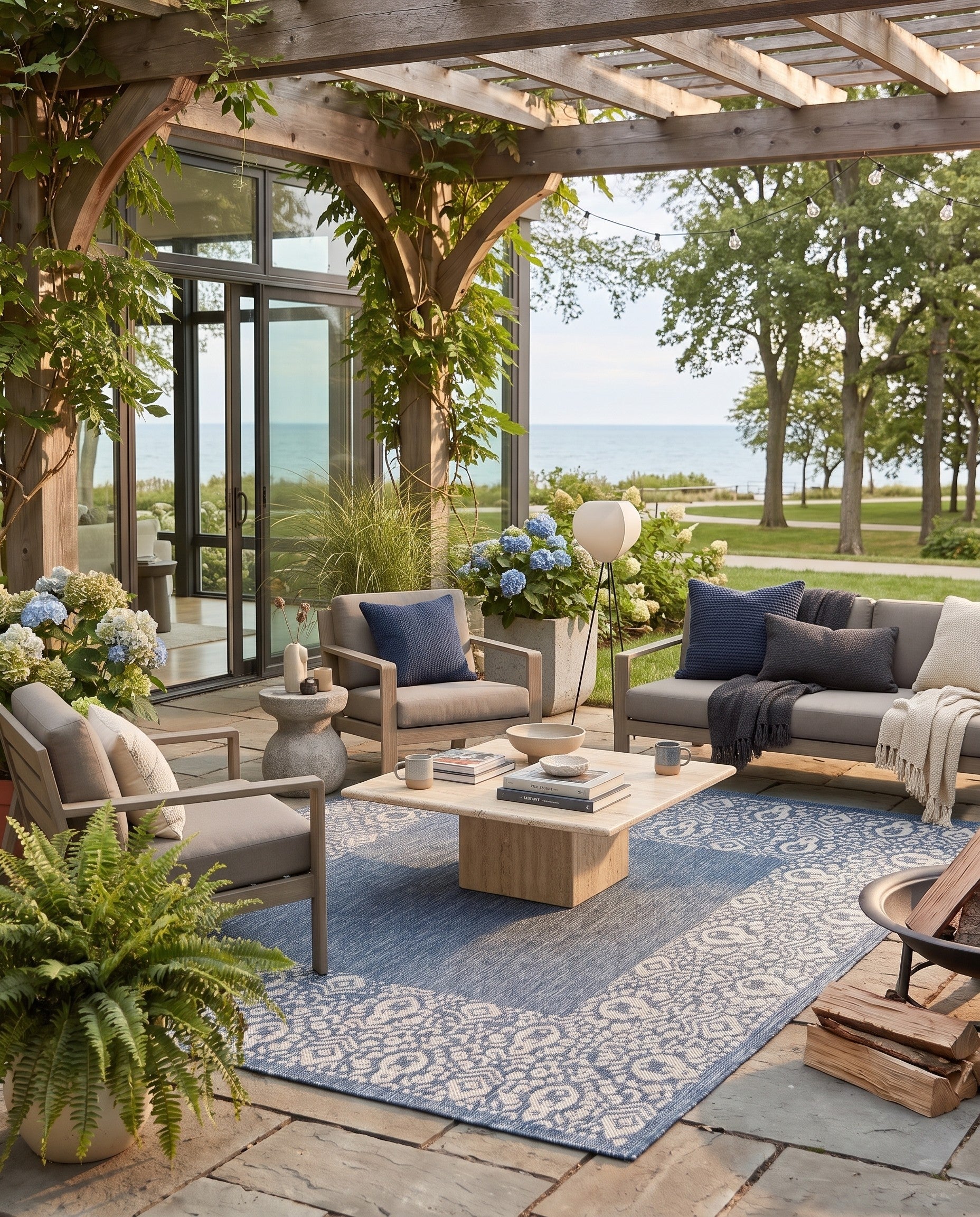 Blue Easy-Clean Border Indoor / Outdoor Square Rug