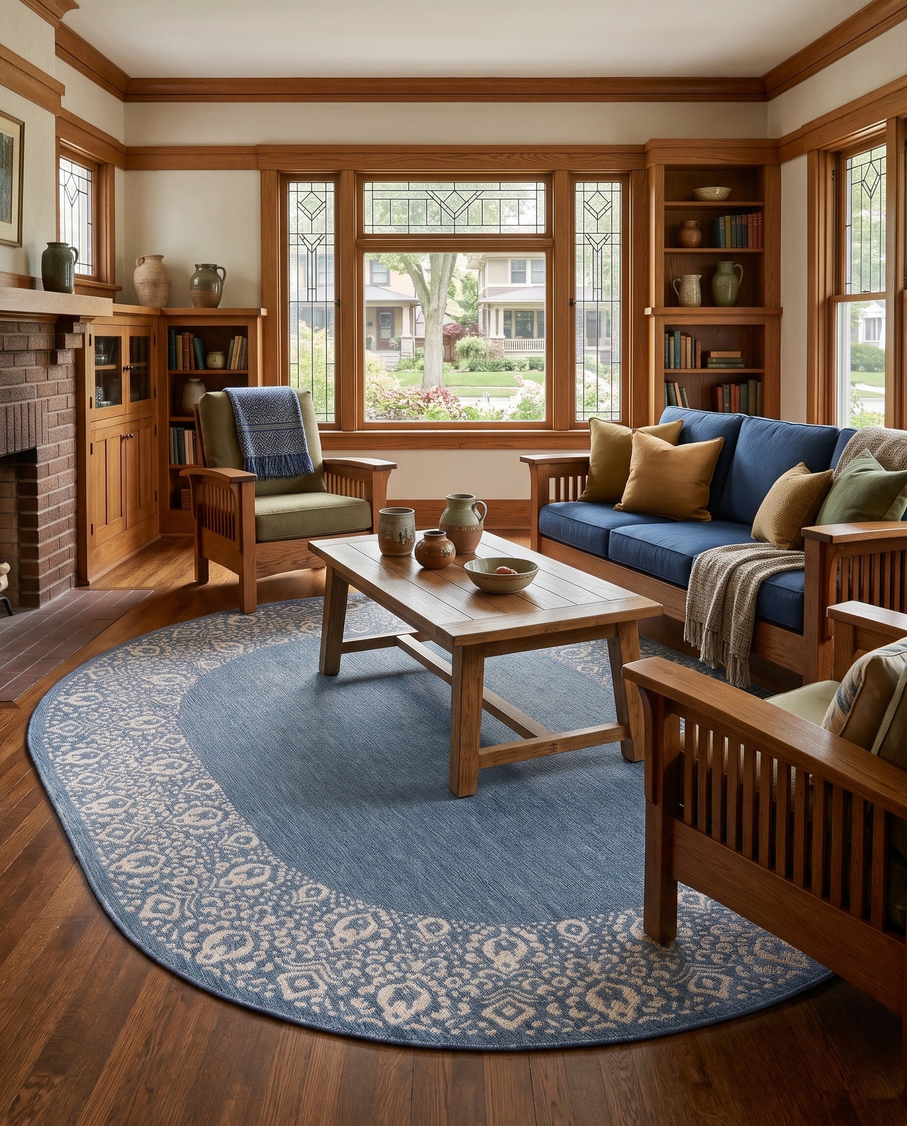 Blue Easy-Clean Border Indoor / Outdoor Oval Rug
