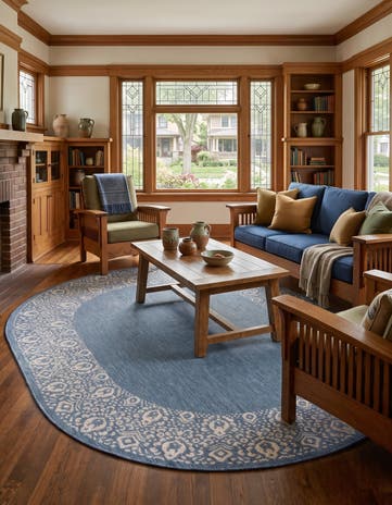 Blue Easy-Clean Border Indoor / Outdoor Oval Rug