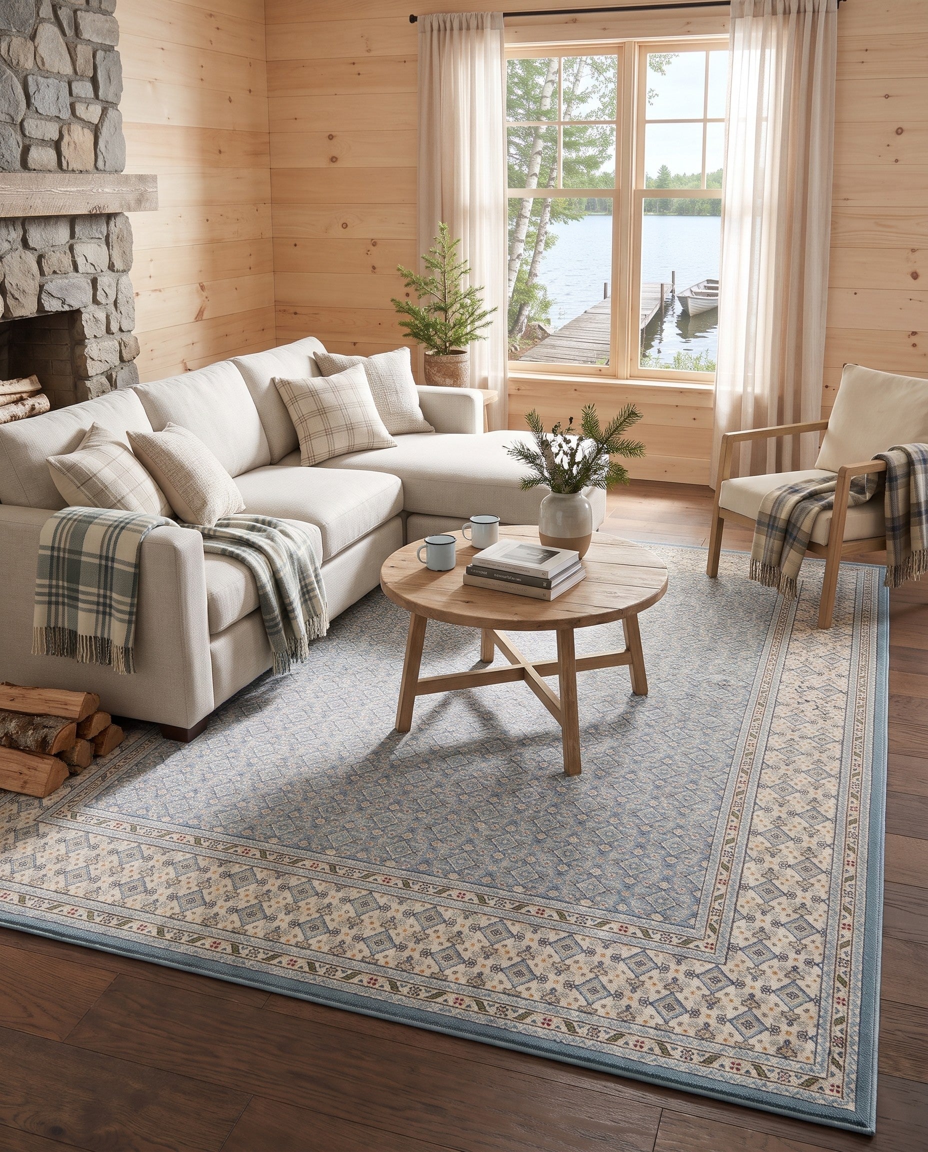 Ivory and Light Blue Nain Design Rug