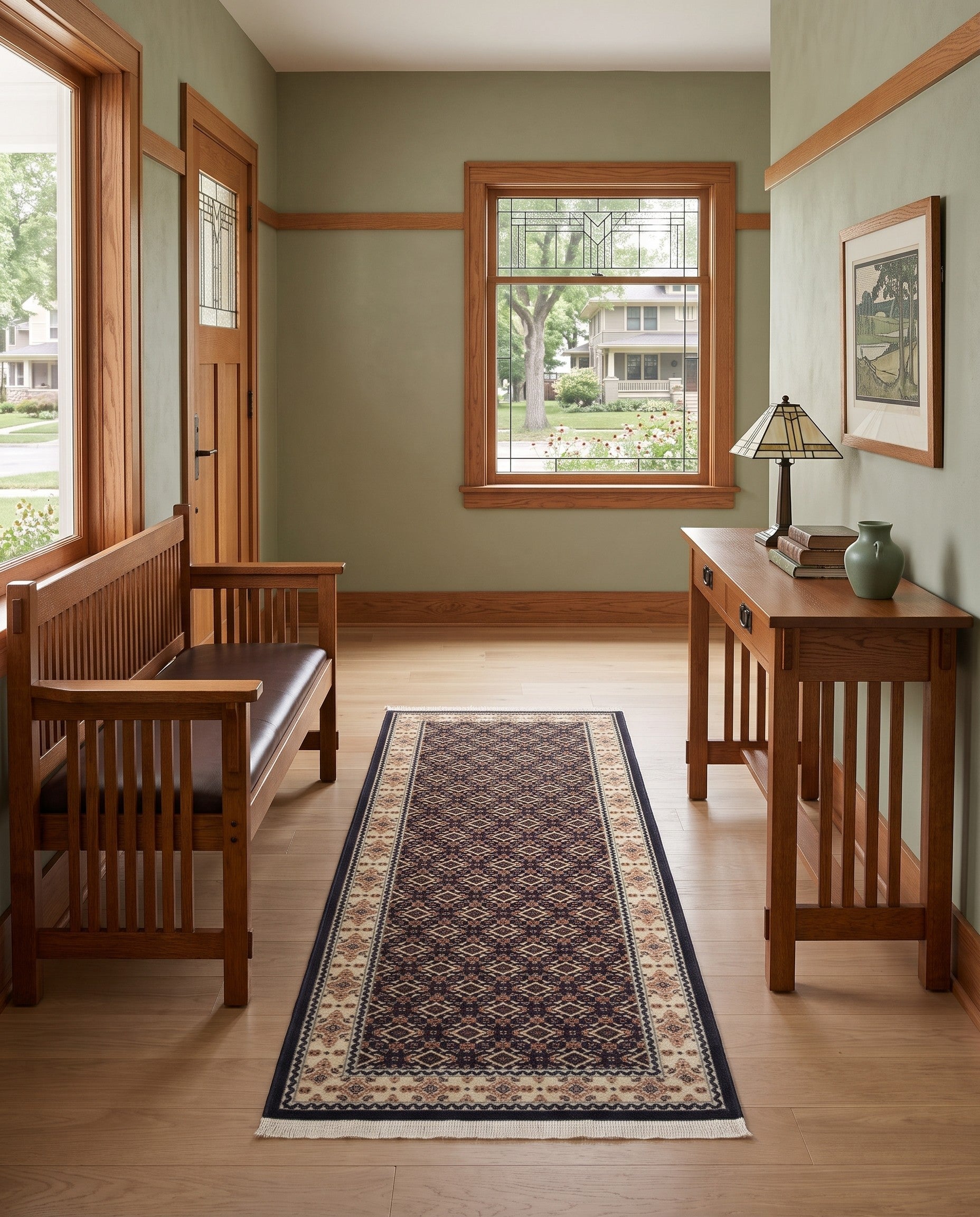 Ivory and Navy Blue Nain Design Runner Rug