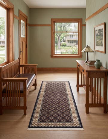 Ivory and Navy Blue Nain Design Runner Rug