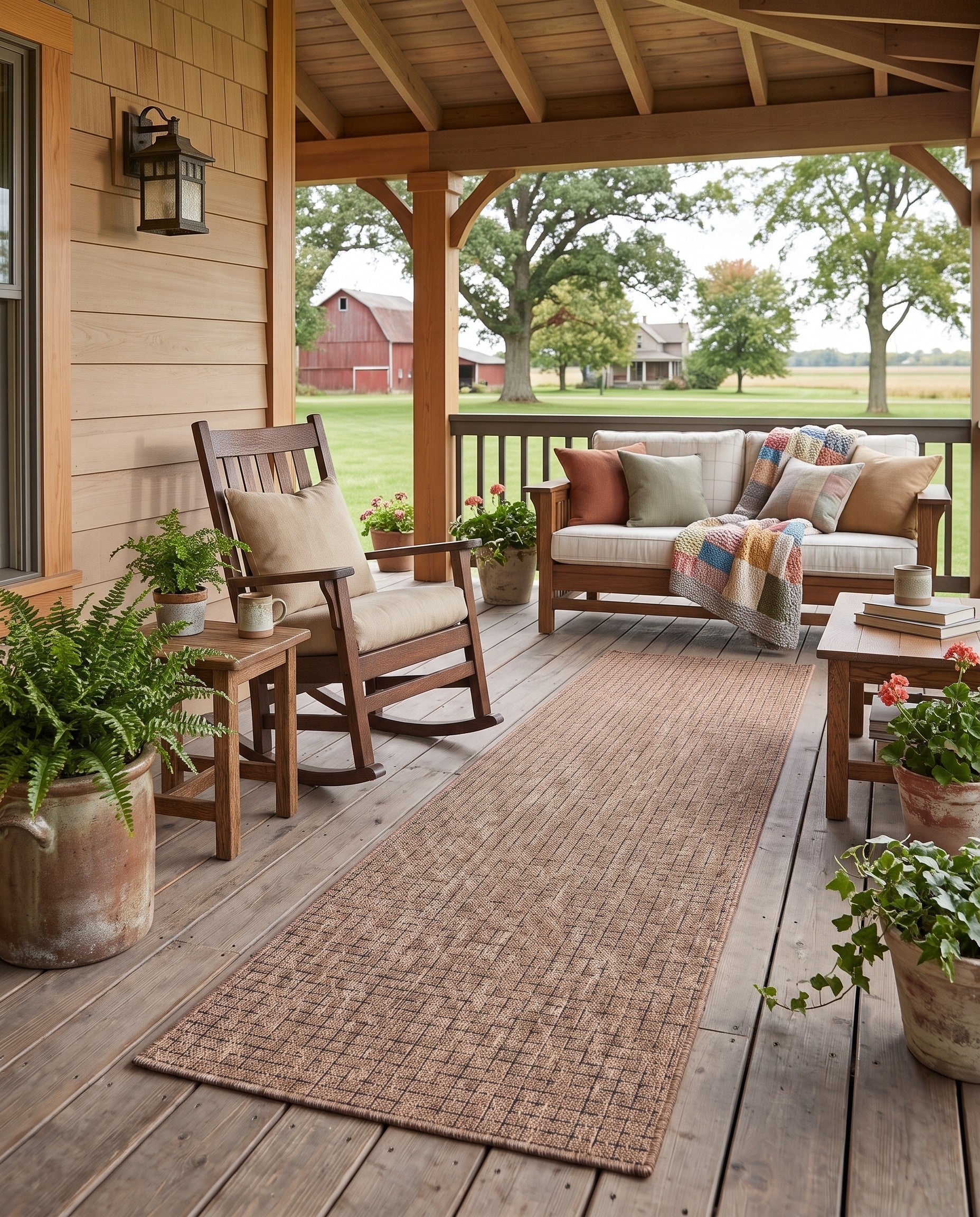 Light Brown Easy-Clean Checkered Indoor / Outdoor Runner Rug