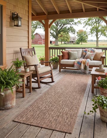 Light Brown Easy-Clean Checkered Indoor / Outdoor Runner Rug