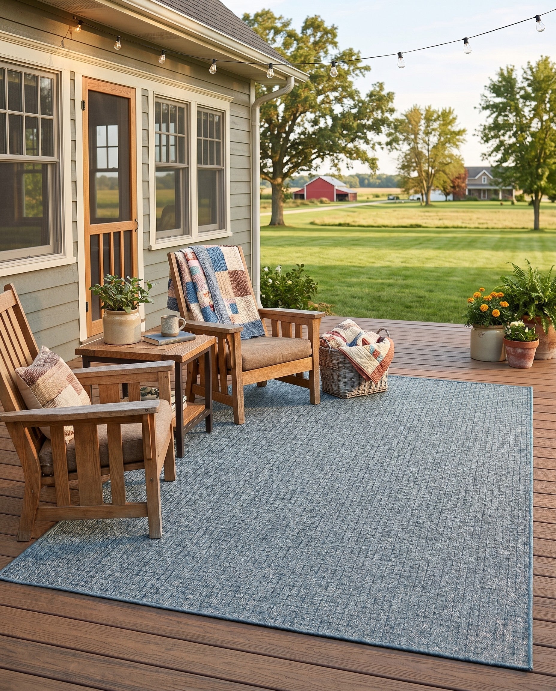 Aqua Blue Easy-Clean Checkered Indoor / Outdoor Rug