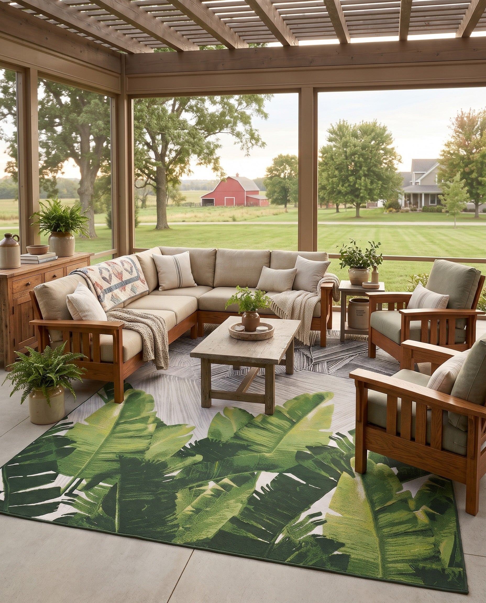 Black and Green Easy-Clean Botanical Indoor / Outdoor Rug