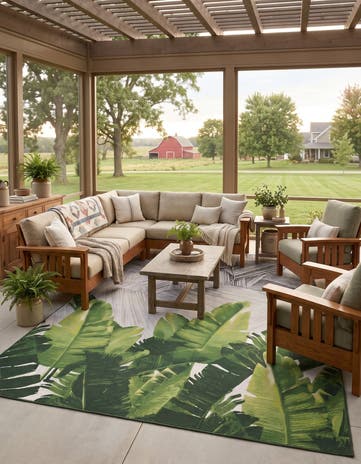 Black and Green Easy-Clean Botanical Indoor / Outdoor Rug