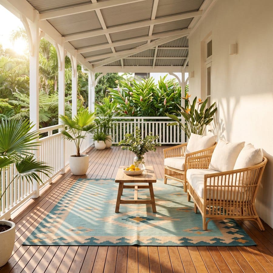 A Queenslander veranda with cane armchairs on a teal and sand outdoor rug