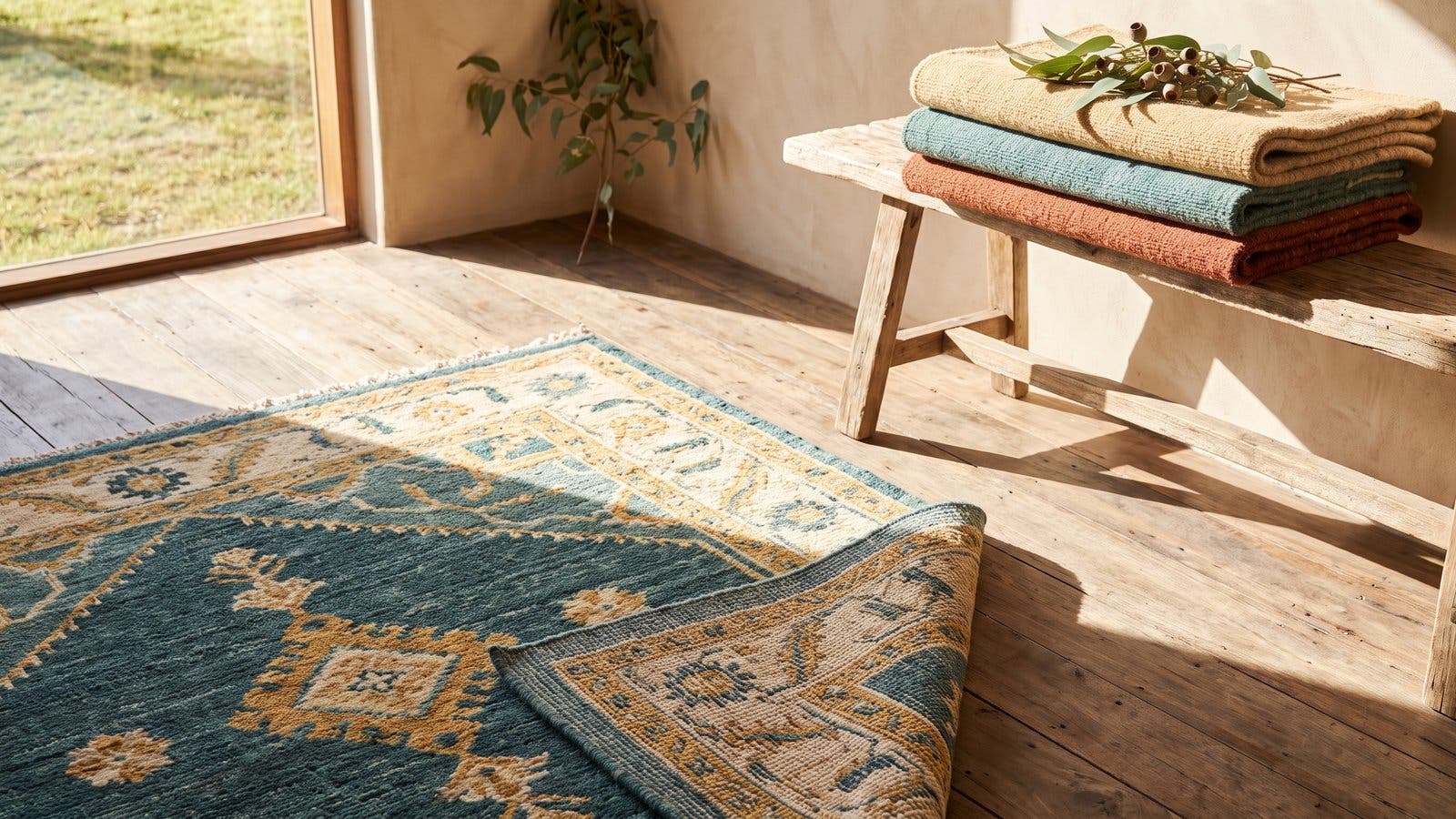 A hand-knotted wool rug in teal and ochre, folded to show its knots, beside a stack of rugs on a timber bench