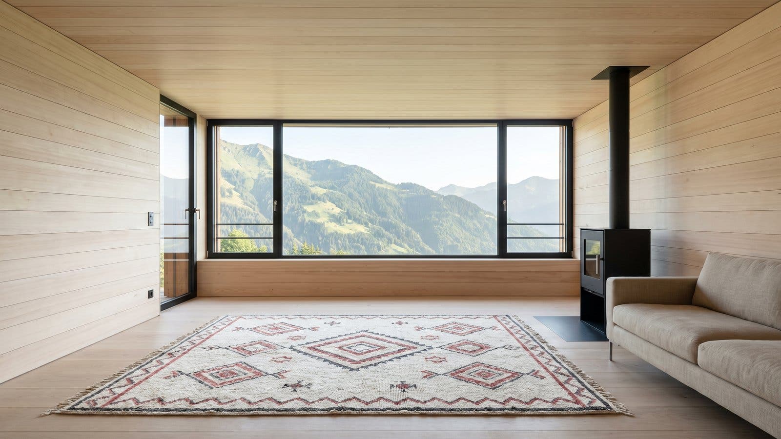 A pale larch chalet living room with a large window onto green mountain slopes, an ivory and red rug in front of a black wood stove