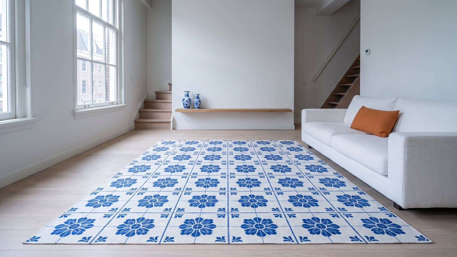 Een blauw-wit vloerkleed met een Delftsblauw tegelpatroon in een lichte woonkamer