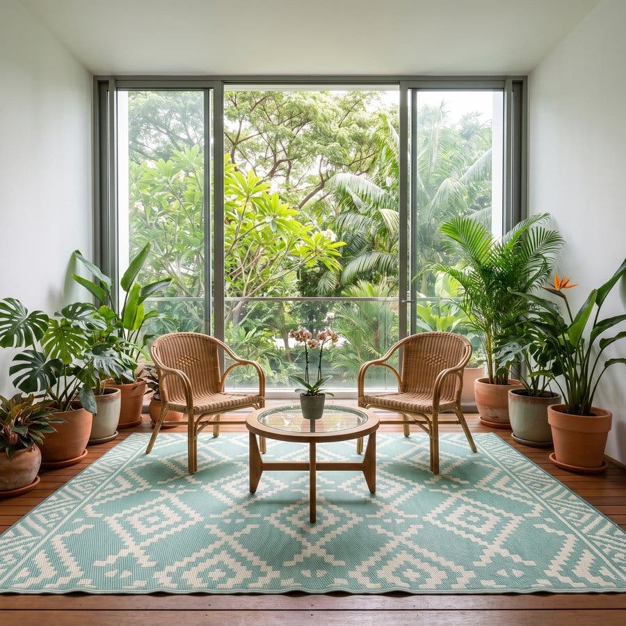 A condominium balcony garden with rattan armchairs on a jade and cream outdoor rug