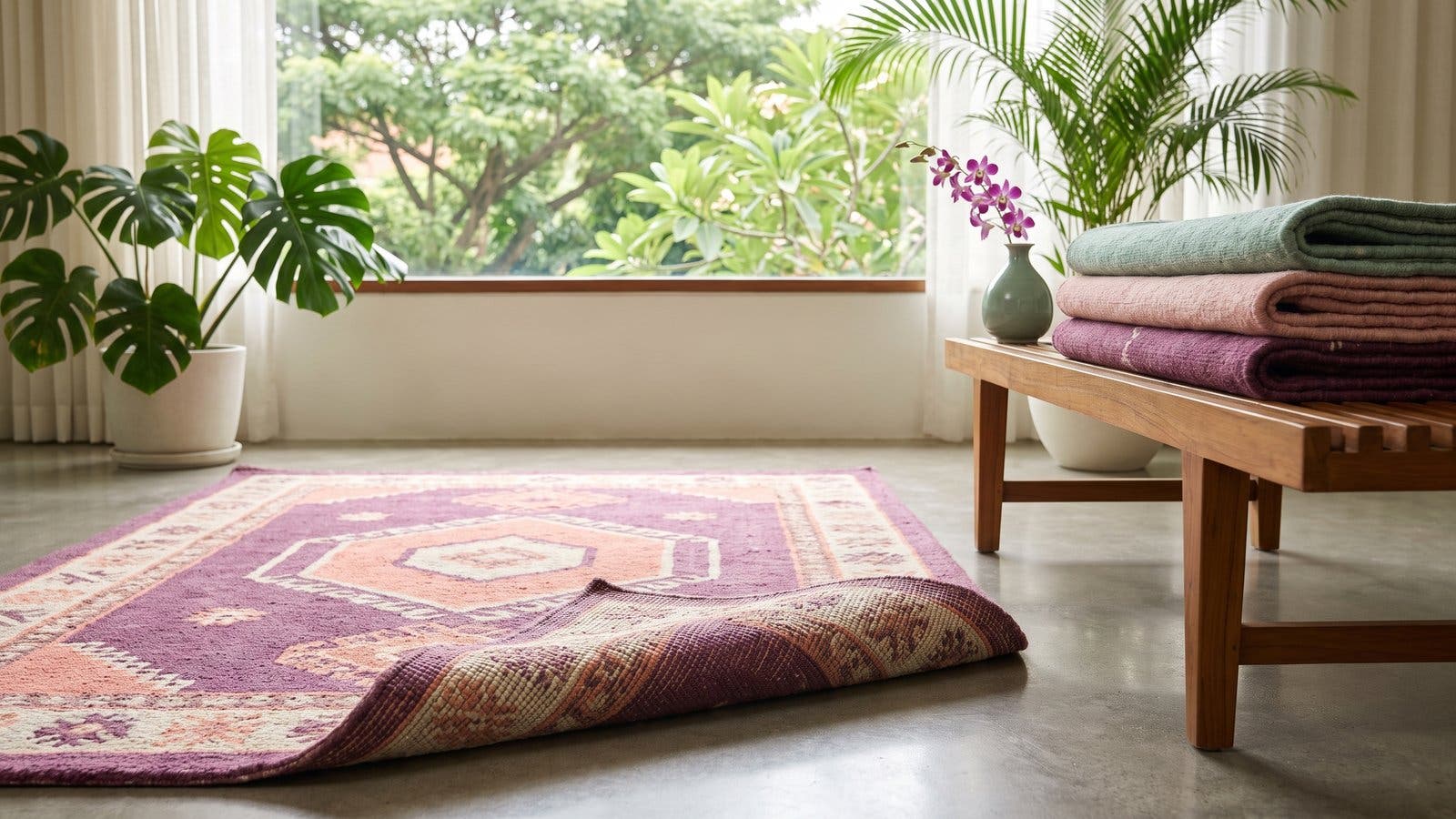 A hand-knotted wool rug in plum and coral, its corner turned to show the knots, beside folded rugs on a teak bench