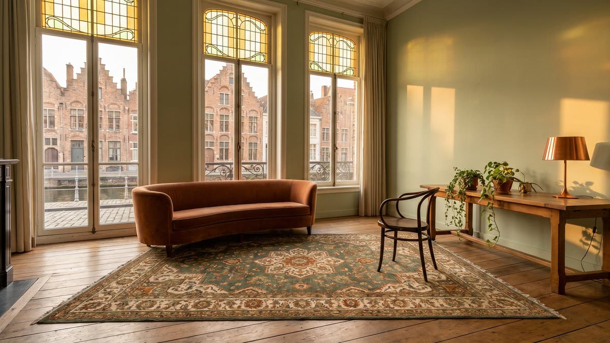Le grand salon d'une maison au bord des canaux de Gand à l'heure dorée, avec un grand tapis vert, rouille et ivoire sur un large plancher en chêne