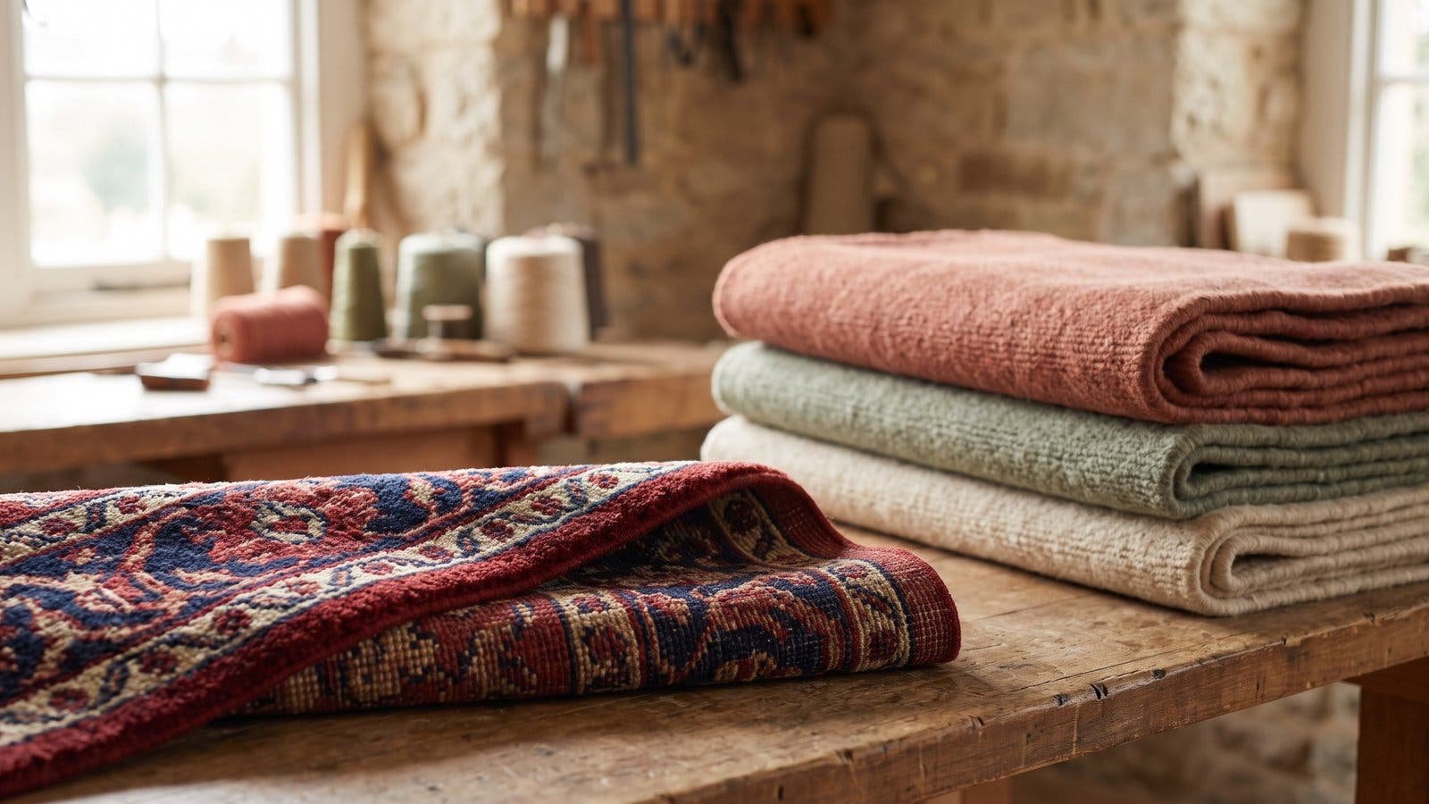 Folded wool rugs stacked on a workbench beside a traditional knotted rug