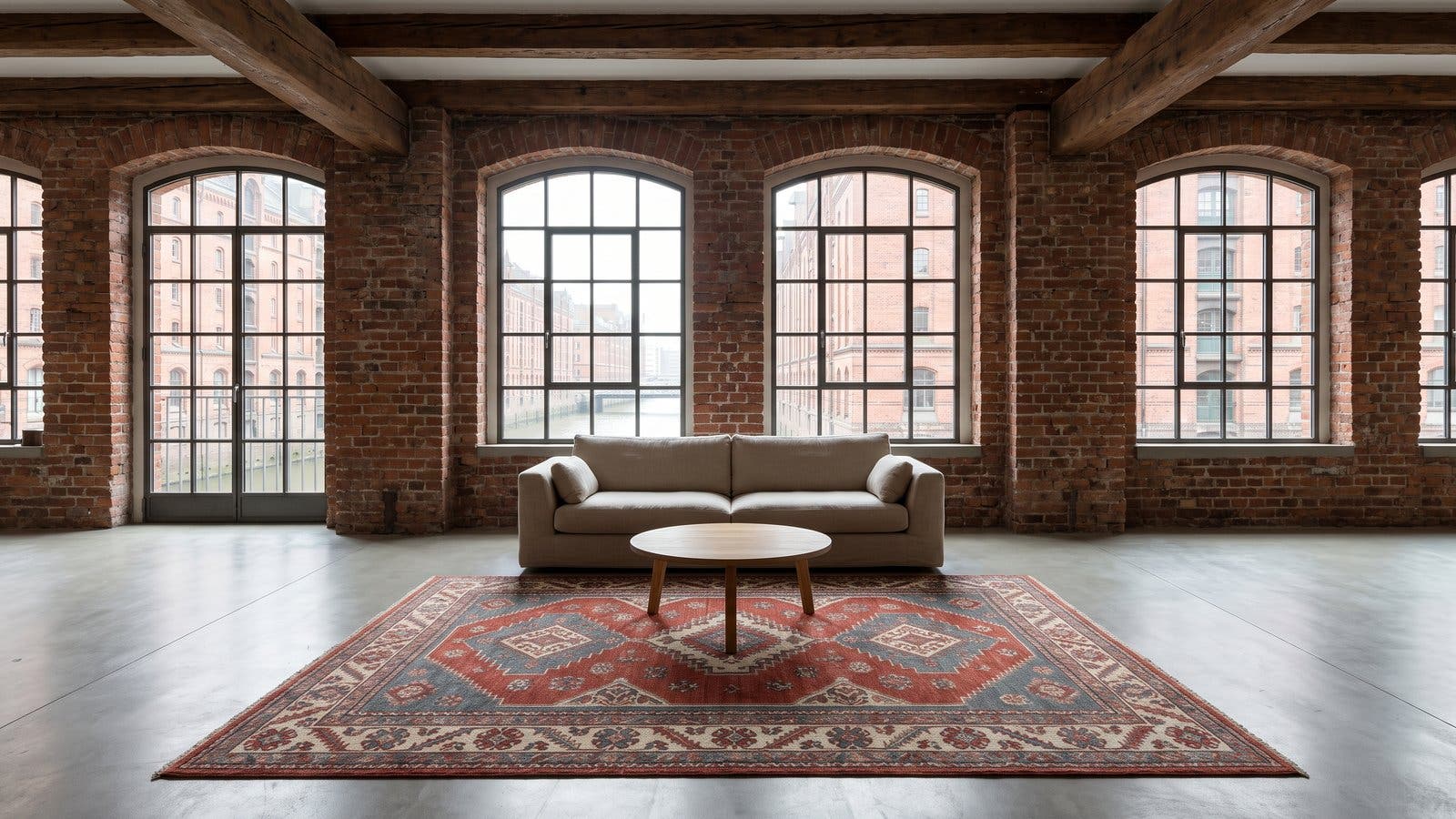 A Hamburg warehouse loft with red brick walls, arched steel windows onto a canal and a large red and blue hand-knotted rug under a linen sofa