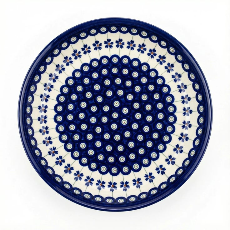 Detail image of Zaklady Flowering Peacock Pie Plate — Polish Pottery