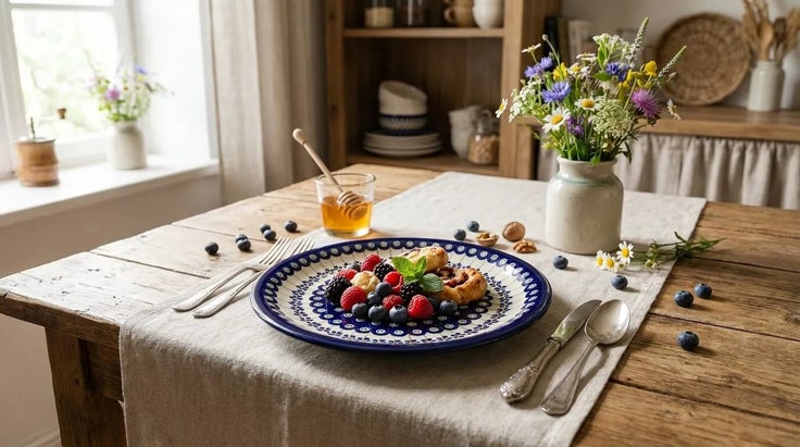 Detail image of Zaklady Flowering Peacock Dining Plates & Bowls — Polish Pottery