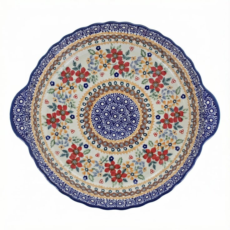 Detail image of Manufaktura Red Daisy Pie Plate — Polish Pottery