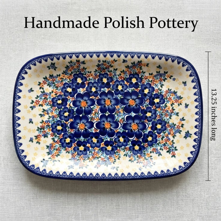 Detail image of Vena Blue Dahlia Large Serving Piece — Polish Pottery
