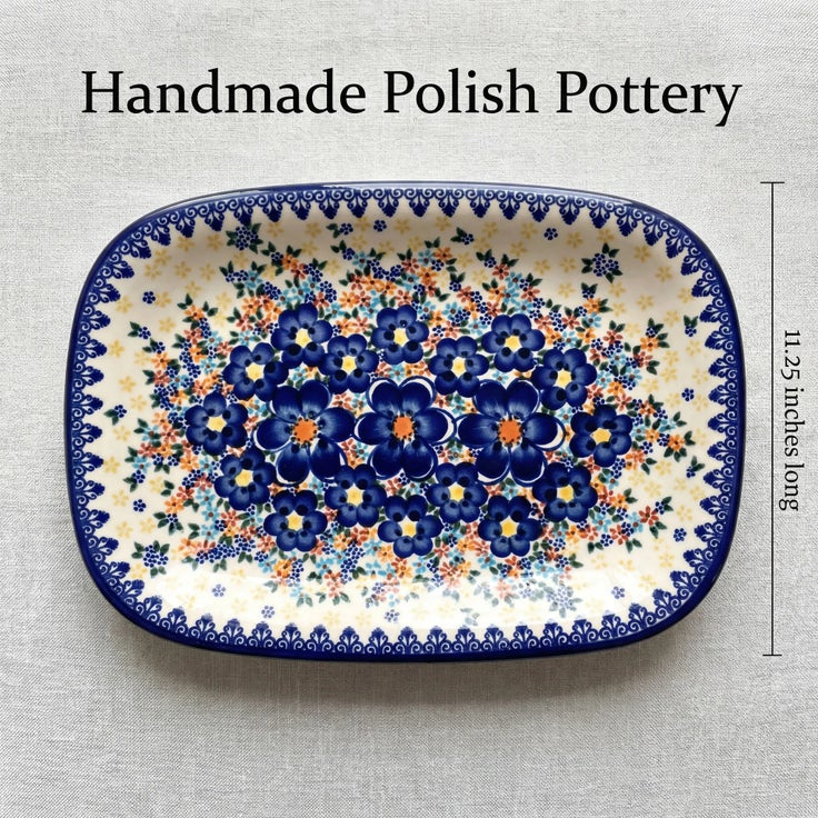 Detail image of Vena Blue Dahlia Medium Serving Piece — Polish Pottery