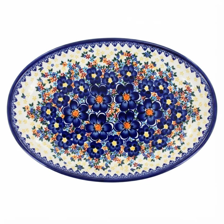 Detail image of Vena Blue Dahlia Large Serving Piece — Polish Pottery