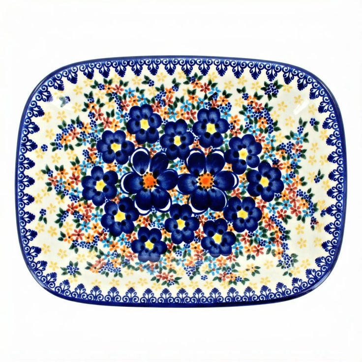 Detail image of Vena Blue Dahlia Small Serving Piece — Polish Pottery