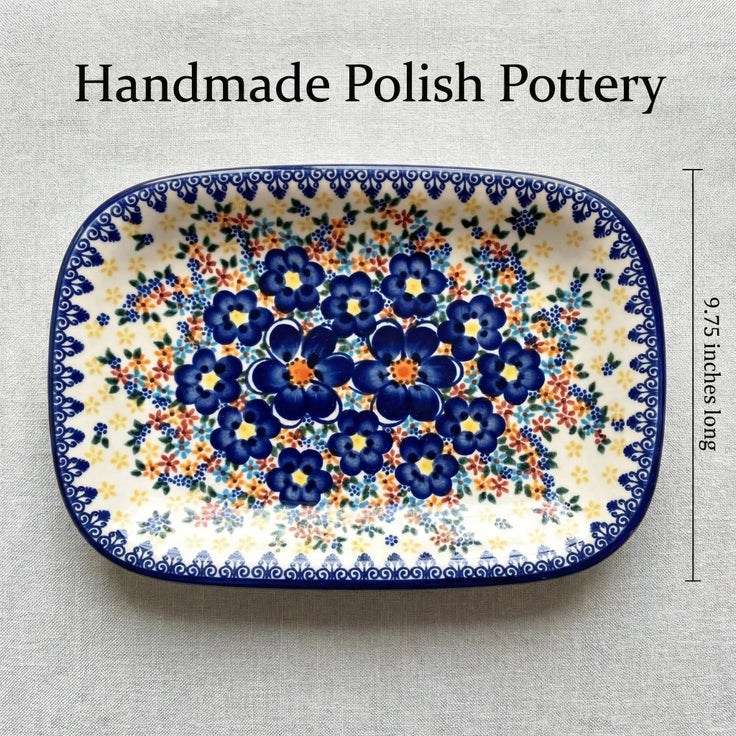 Detail image of Vena Blue Dahlia Small Serving Piece — Polish Pottery