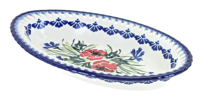 WR Unikat Cherry Red Bouquet Small Serving Piece — Polish Pottery