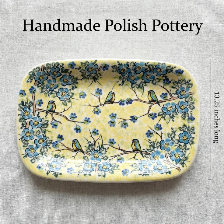 Detail image of Vena Bluebird Garden Large Serving Piece — Polish Pottery