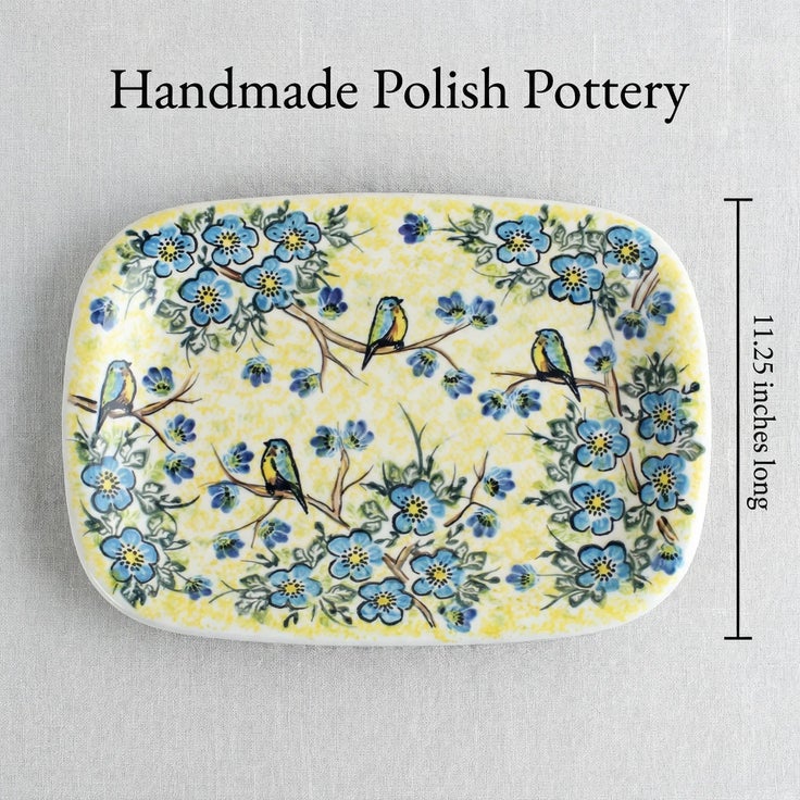 Detail image of Vena Bluebird Garden Medium Serving Piece — Polish Pottery