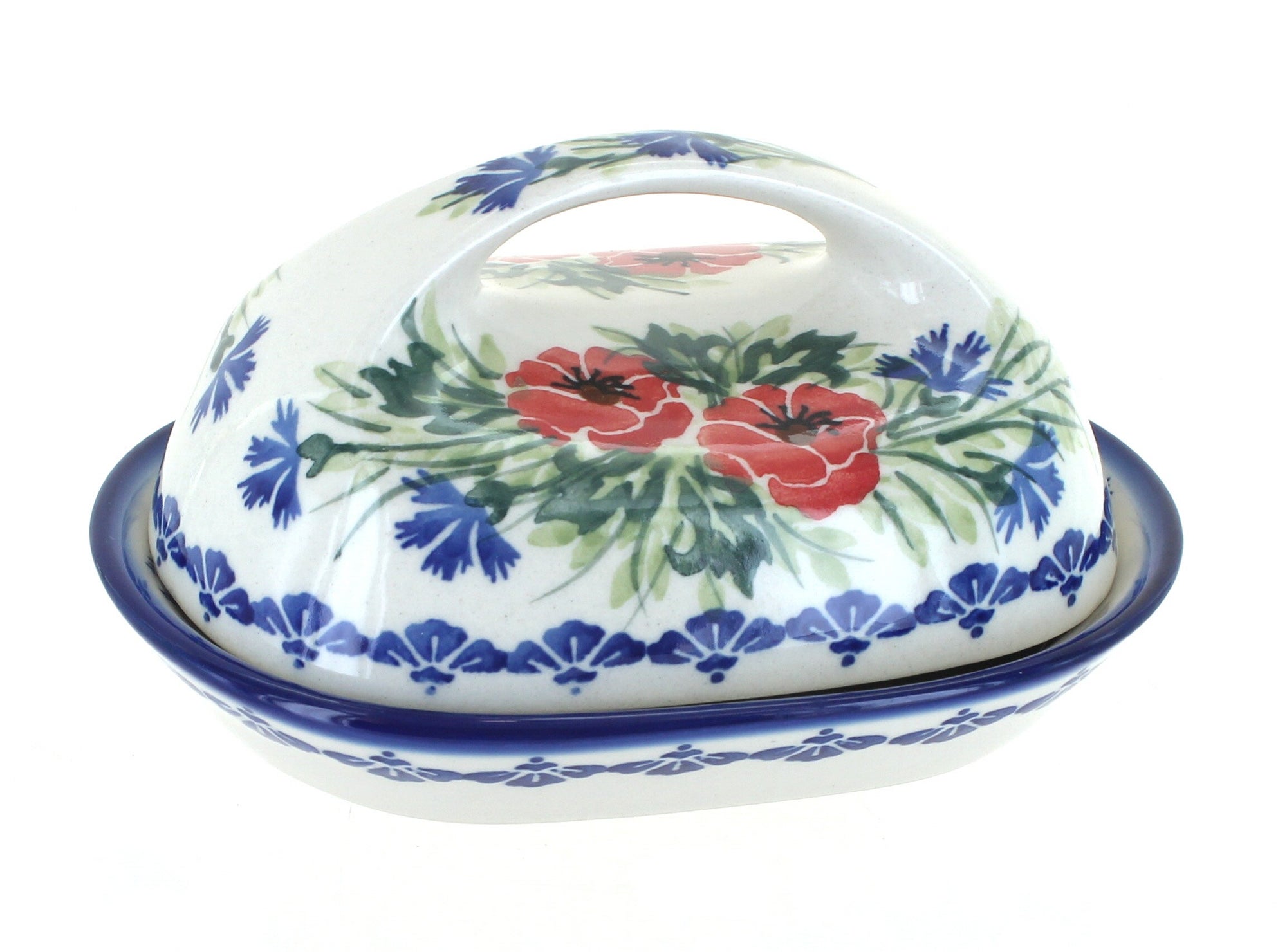 WR Unikat Cherry Red Bouquet Butter Dish — Polish Pottery