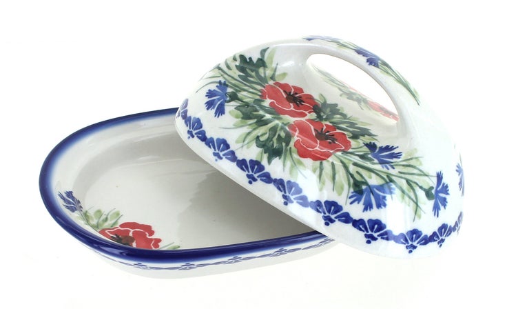 Detail image of WR Unikat Cherry Red Bouquet Butter Dish — Polish Pottery