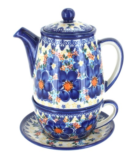 Vena Blue Dahlia Teapot — Polish Pottery